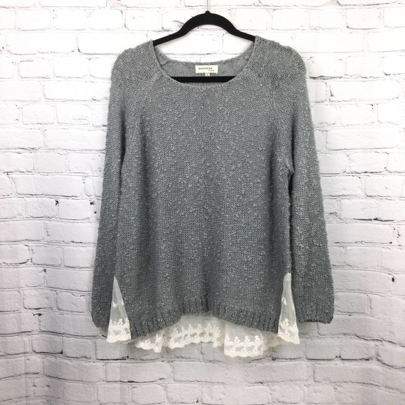 Monteau Los Angeles Grey Swiss Dot Lace Hem Boat Neck Pullover Sweater L - Picture 16 of 16